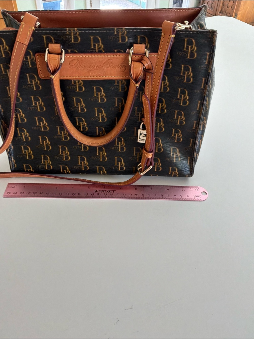 Dooney & Bourke Brown Logo Satchel with Tan Leather Trim and Crossbody Strap - Picture 14 of 16